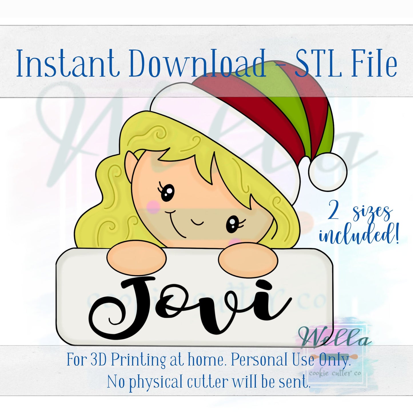 Digital STL File - Elf Girl Plaque Cookie Cutter - 2 Sizes Included 3.5" & 4"