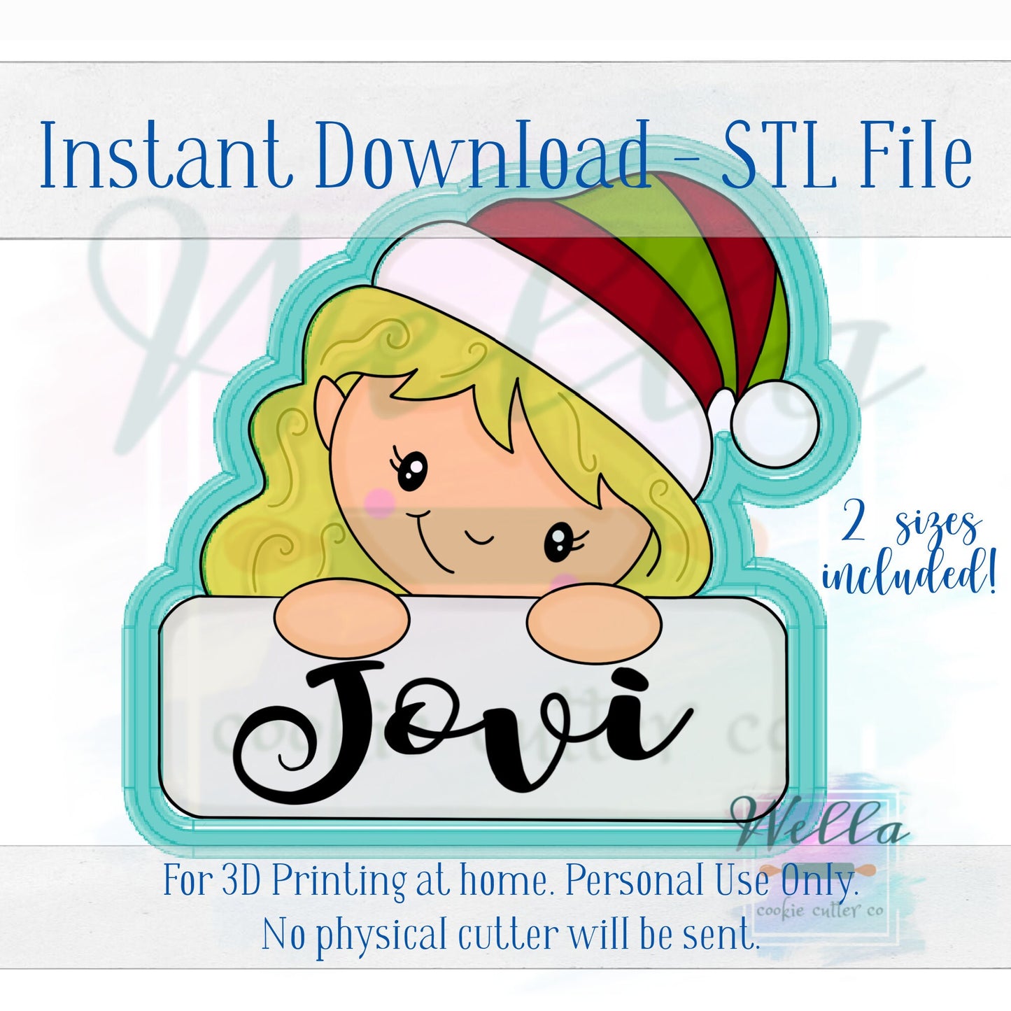 Digital STL File - Elf Girl Plaque Cookie Cutter - 2 Sizes Included 3.5" & 4"