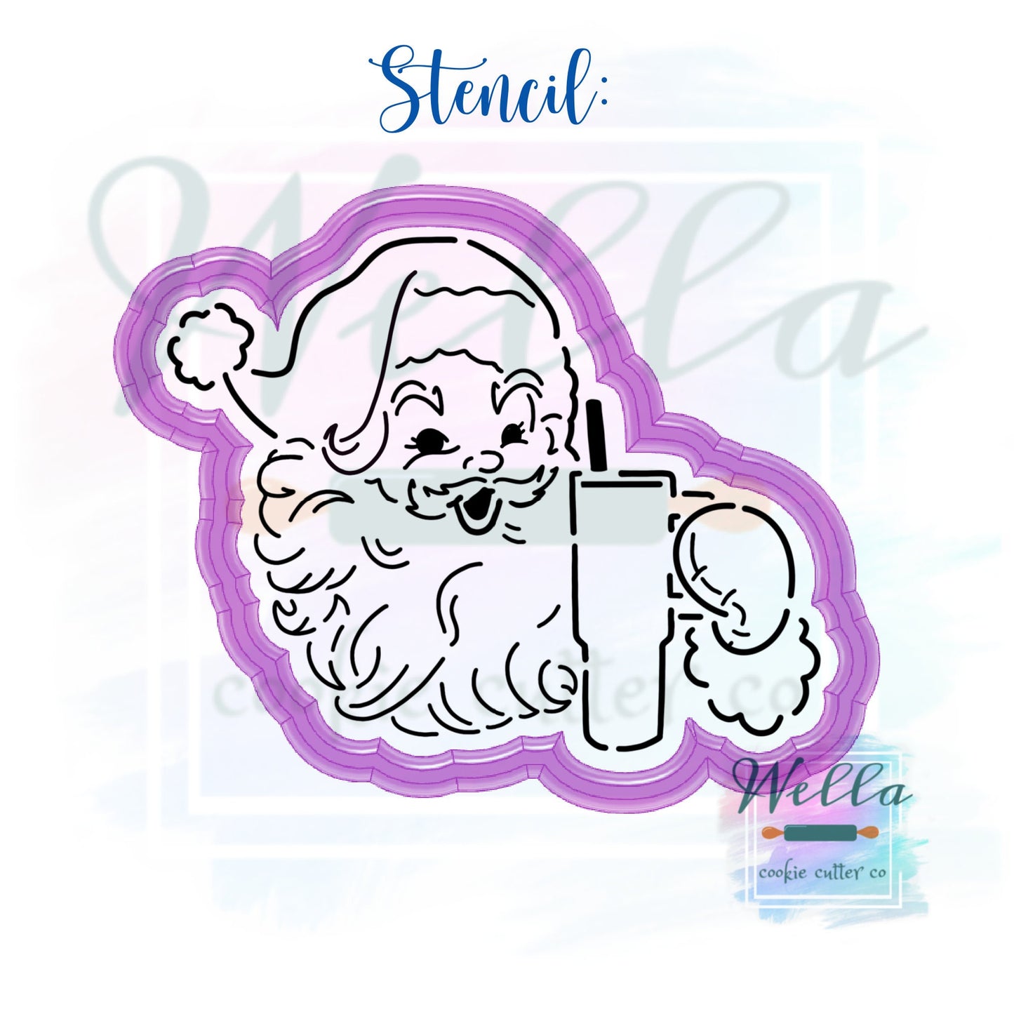 Bougie Santa Cookie Cutter with Optional Stencil, Santa with Tumbler Cookie Cutter