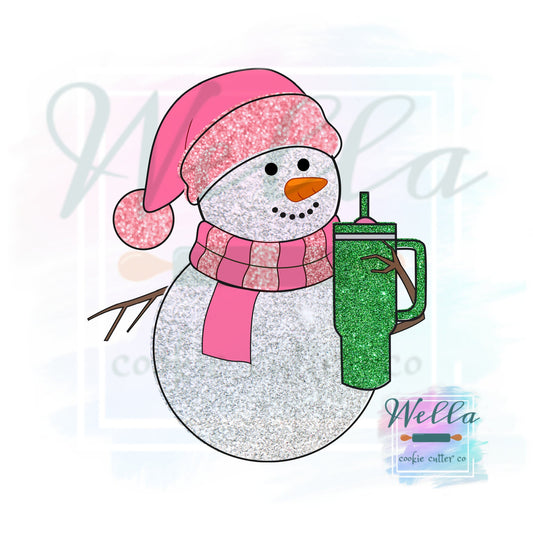 Bougie Snowman Cookie Cutter with Optional Stencil, Snowman with Tumbler Cookie Cutter