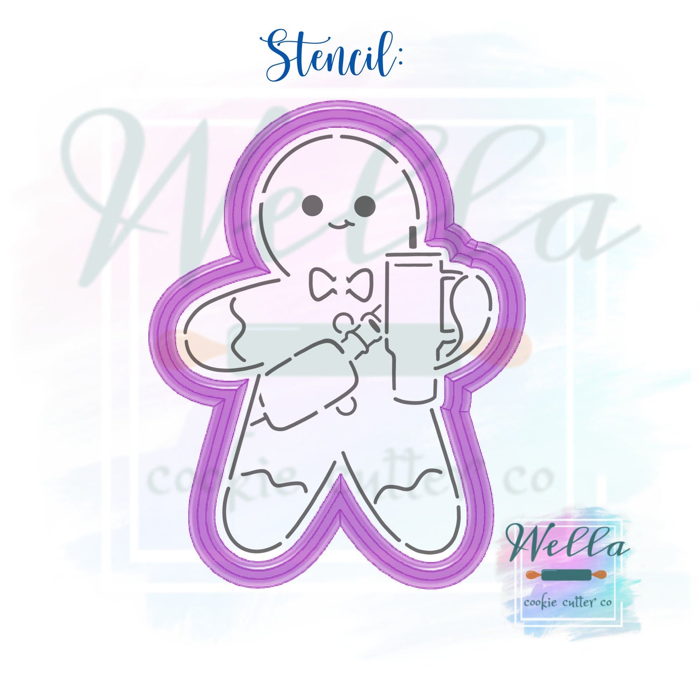 Bougie Gingerbread Man Cookie Cutter with Optional Stencil, Gingerbread Man with Tumbler Cookie Cutter