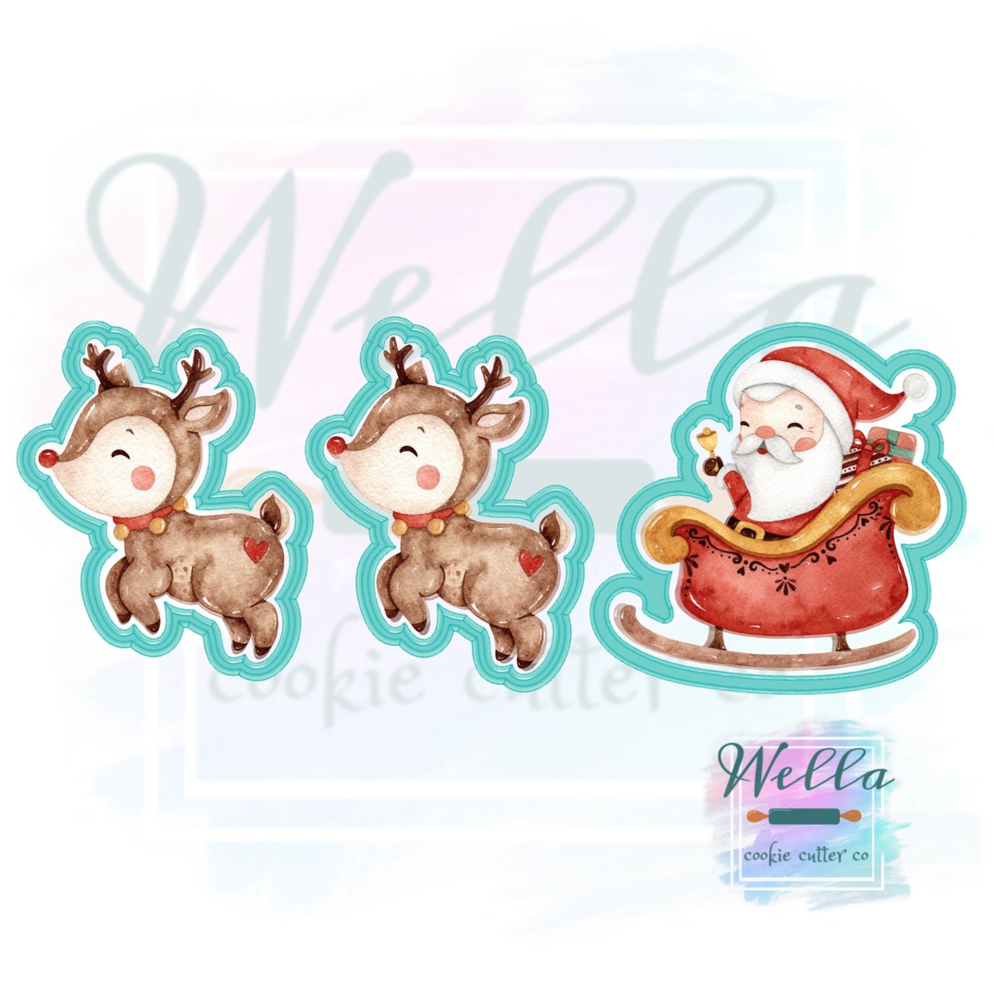 Santa in Sleigh and Reindeer Cookie Cutters - Set of 2, Christmas Cookie Cutters, Santa in Sleigh Cutter, Reindeer Flying Cutter