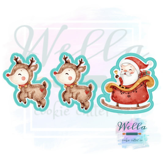 Santa in Sleigh and Reindeer Cookie Cutters - Set of 2, Christmas Cookie Cutters, Santa in Sleigh Cutter, Reindeer Flying Cutter