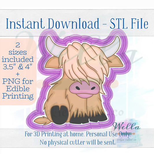Digital STL File - Highland Cow Sitting Cookie Cutter - 2 Sizes Included 3.5" & 4"