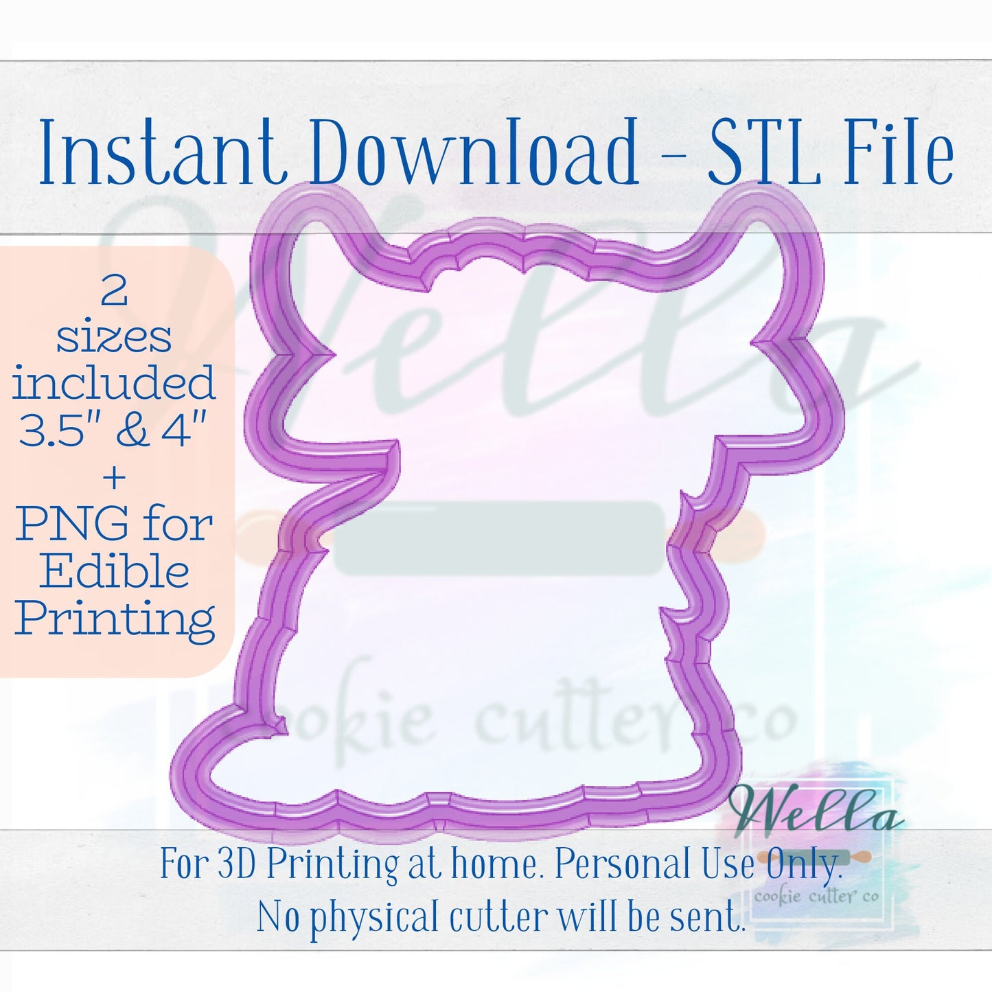 Digital STL File - Highland Cow Sitting Cookie Cutter - 2 Sizes Included 3.5" & 4"