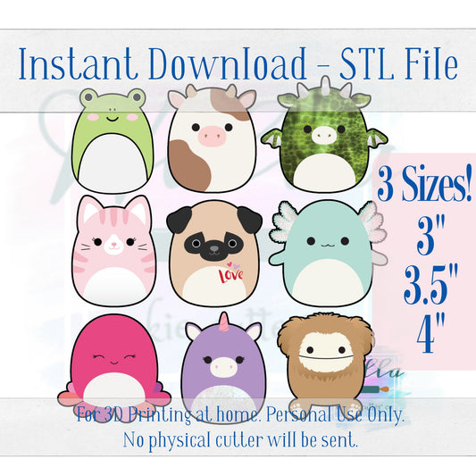 Digital STL File - Set of 9 Animal Pillow Cookie Cutters - 3 Set Size Options: 3" 3.5" & 4"