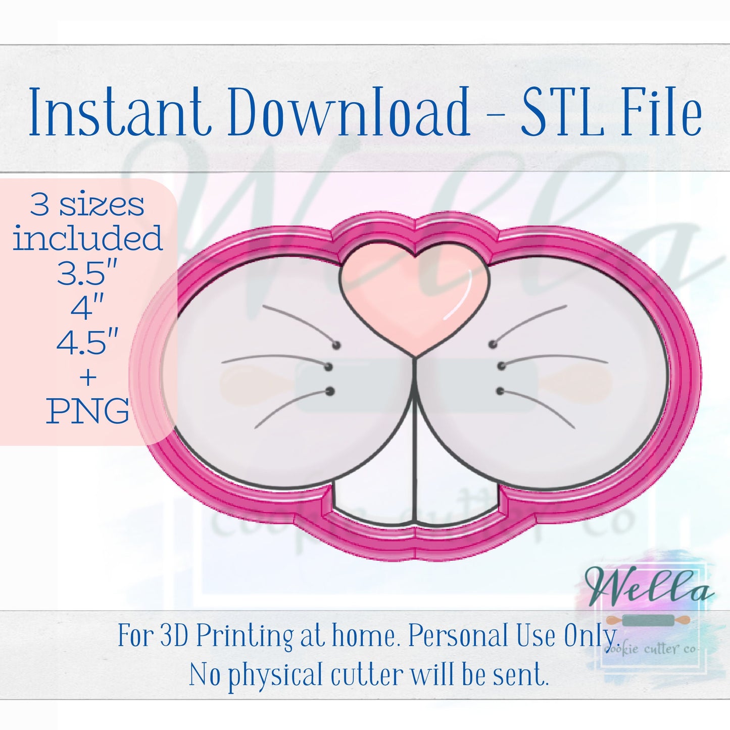 Digital STL File - Bunny Heart Nose and Teeth Cookie Cutter - 3 Sizes: 3.5", 4" & 4.5" plus PNG
