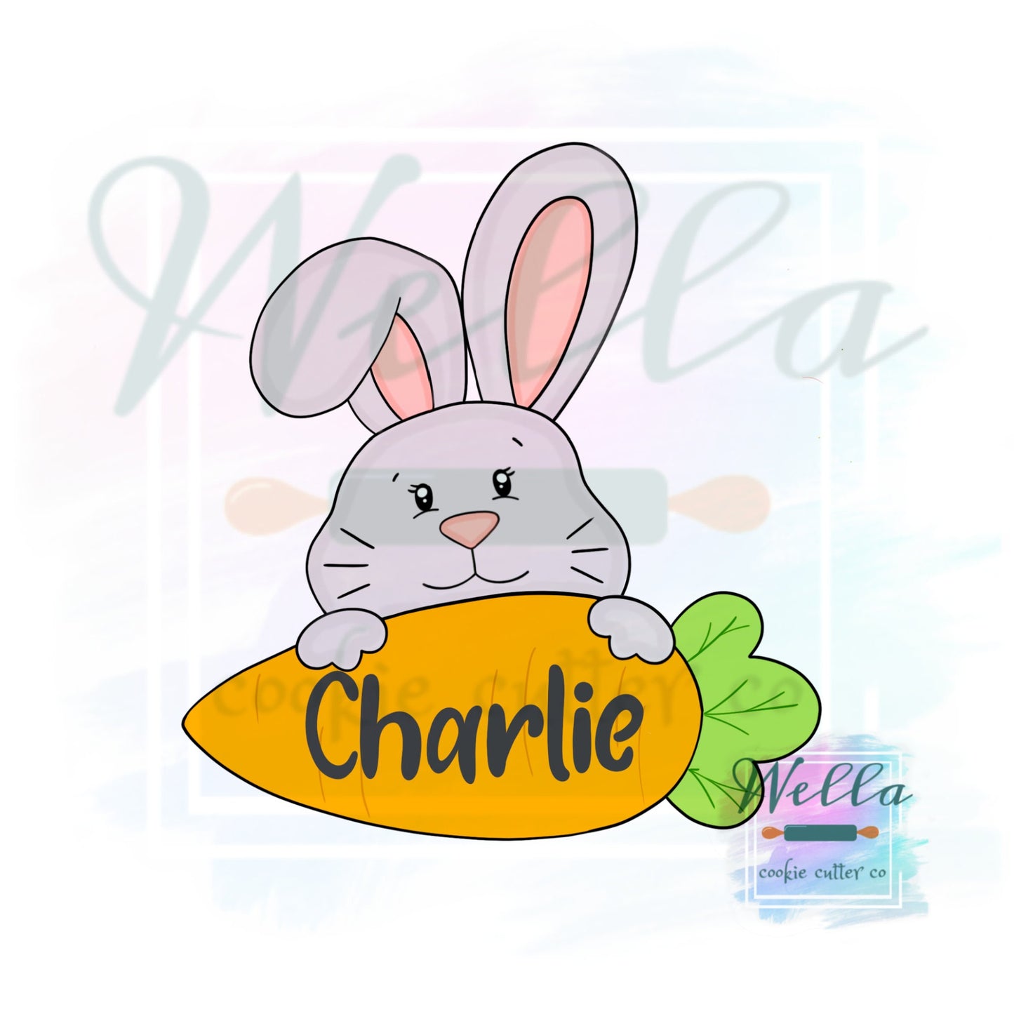 Bunny Holding Carrot Name Plaque Cookie Cutter with Optional Stencil Guide