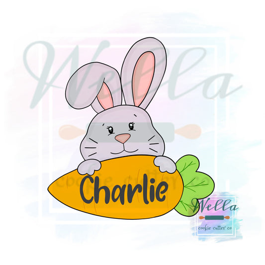 Bunny Holding Carrot Name Plaque Cookie Cutter with Optional Stencil Guide