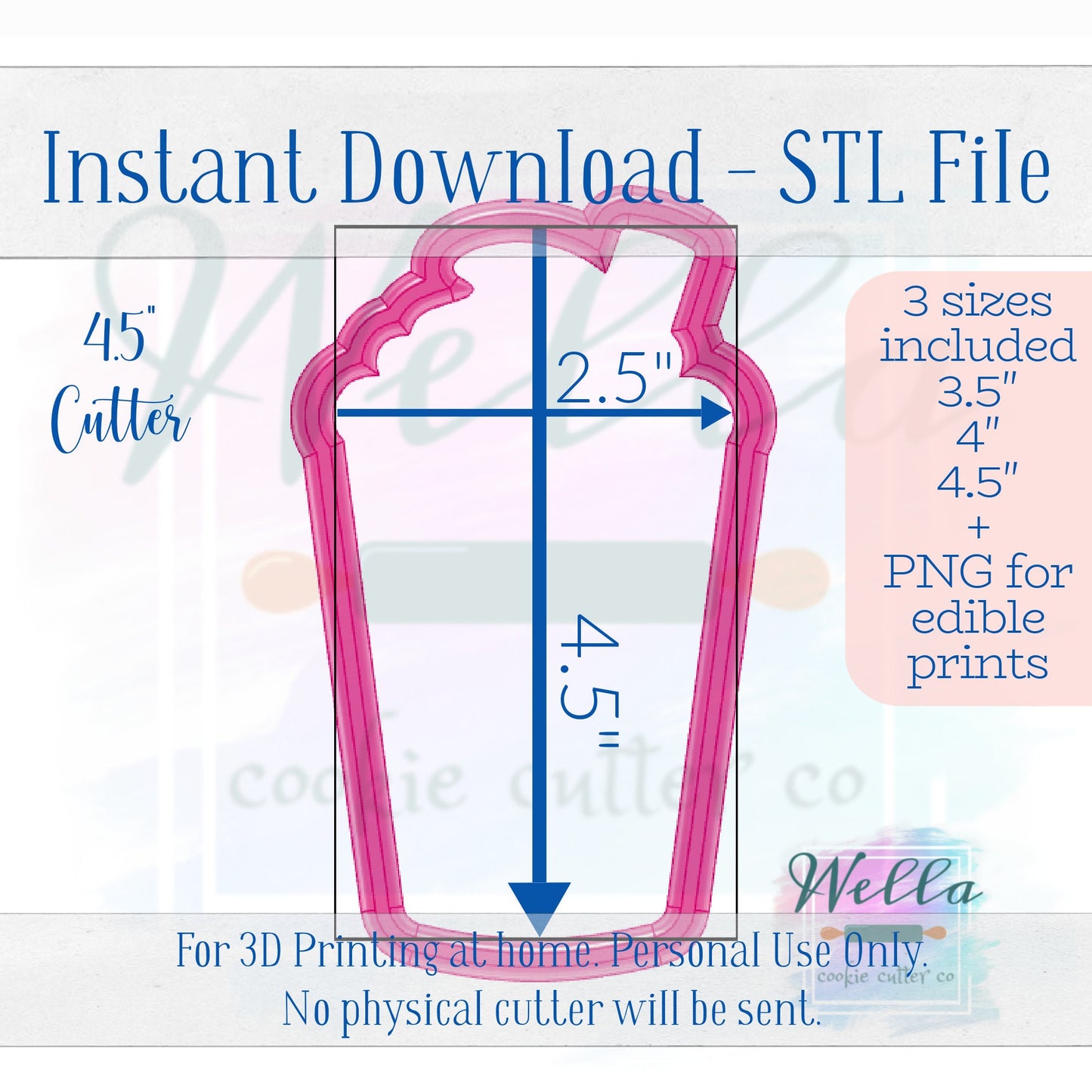 Digital STL File - Iced Drink with Whipped Cream Cookie Cutter - 3 Sizes Included 3.5" 4" and 4.5"-High Resolution File for Edible Printing