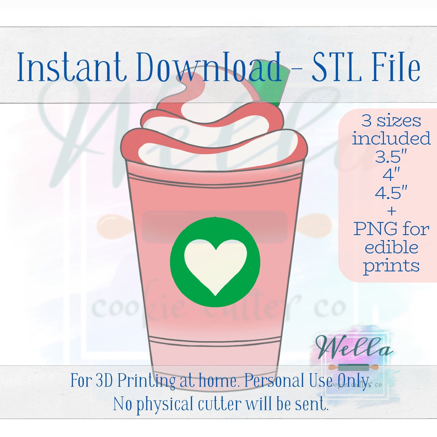 Digital STL File - Iced Drink with Whipped Cream Cookie Cutter - 3 Sizes Included 3.5" 4" and 4.5"-High Resolution File for Edible Printing