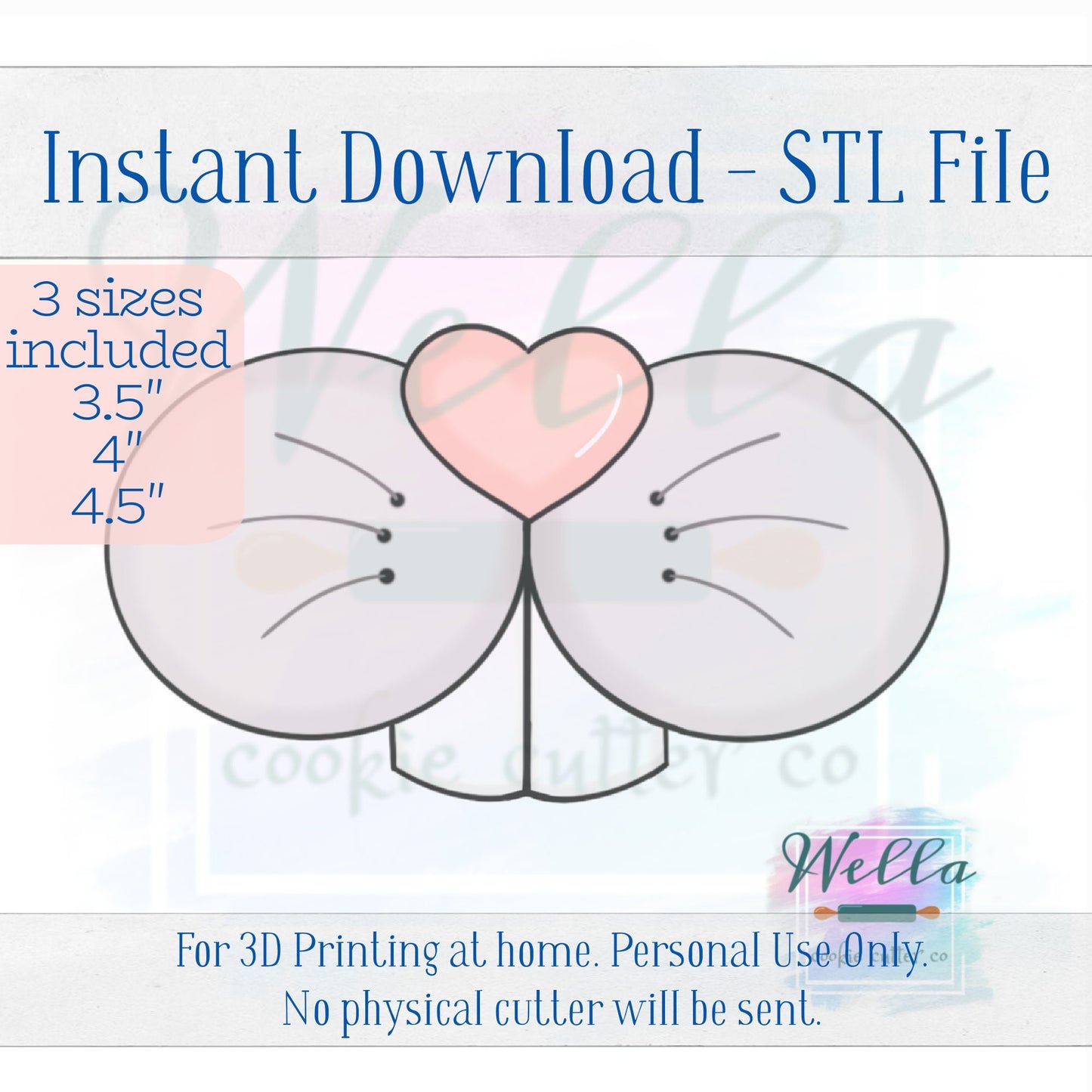 Digital STL File - Bunny Heart Nose and Teeth Cookie Cutter - 3 Sizes: 3.5", 4" & 4.5" plus PNG