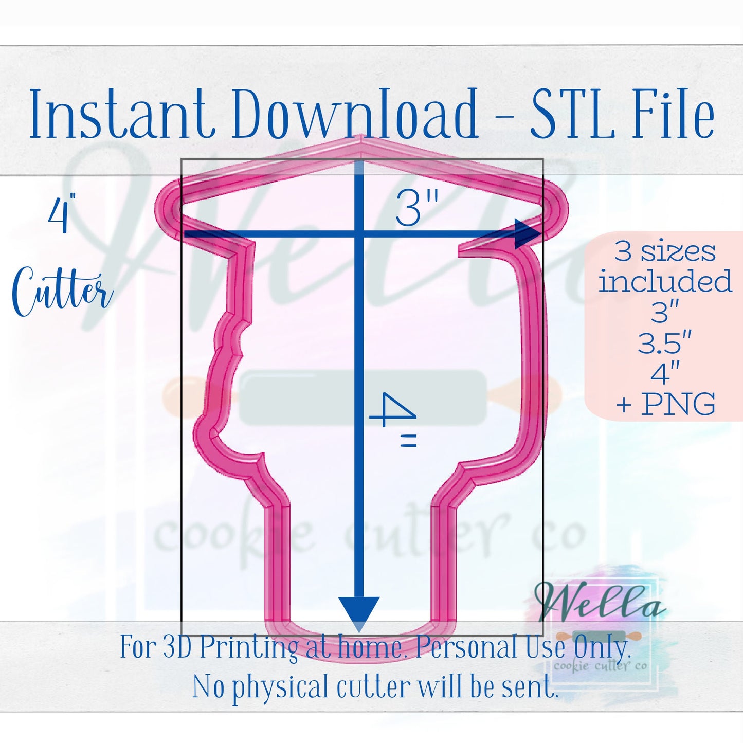 Digital STL File - Graduation Tumbler Cookie Cutter -3 Sizes Included 4", 4.5", 5" and 5.5" - High Resolution PNG