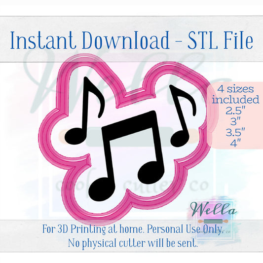 Digital STL File - Music Notes Cookie Cutter - 4 Sizes: 2.5", 3", 3.5", & 4" - PNG Included