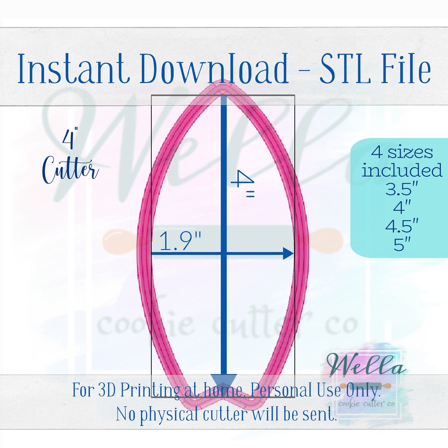 Digital STL File - Surfboard Cookie Cutter - 4 Sizes Included 3.5", 4", 4.5" & 5"