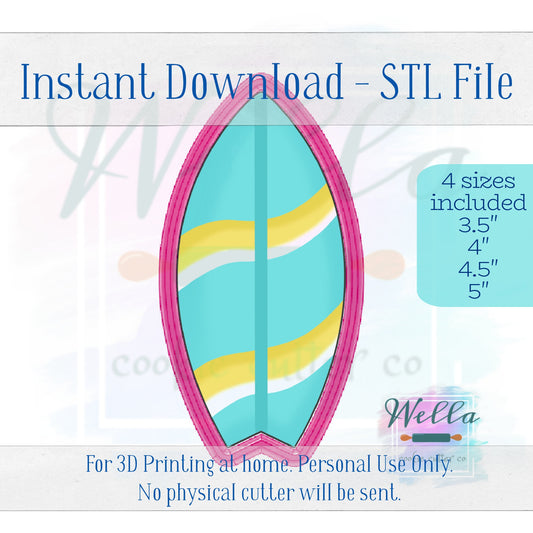 Digital STL File - Surfboard Cookie Cutter - 4 Sizes Included 3.5", 4", 4.5" & 5"