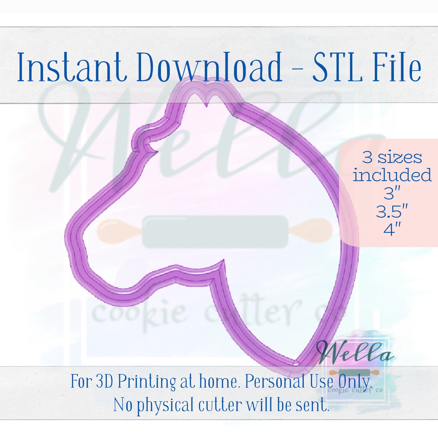 Digital STL File - Horse Head Cookie Cutter - 3 Sizes Included 3", 3.5", and 4"