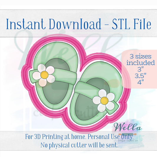 Digital STL File - Daisy Baby Shoes Cookie Cutter - 3 Sizes: 3", 3.5" and 4"