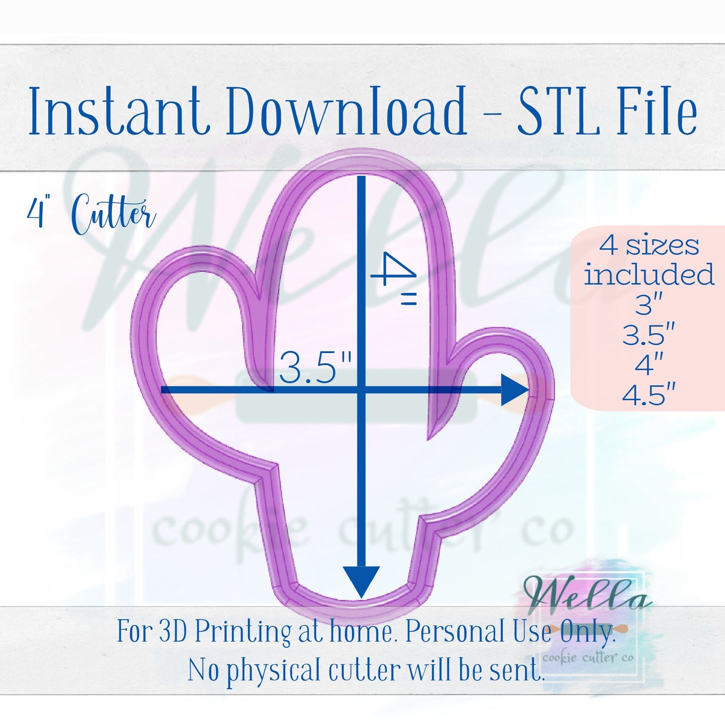 Digital STL File - Cactus #1 Cookie Cutter - 4 Sizes Included 3", 3.5", 4" and 4.5"