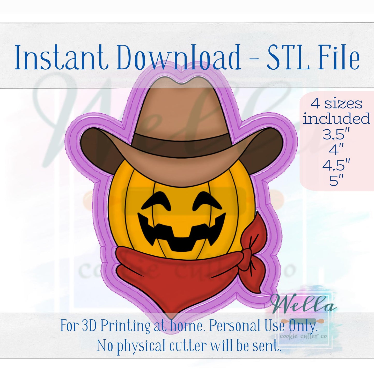 Digital STL File - Cowboy Pumpkin with Bandana Cookie Cutter - 4 Sizes Included 3.5", 4", 4.5" & 5"