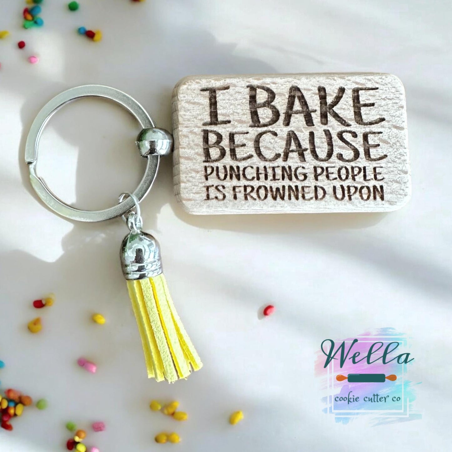 Laser Engraved Wood Cookie Themed Keychain with Tassel, Baking Themed Gift, Cookie Decorating Keychain