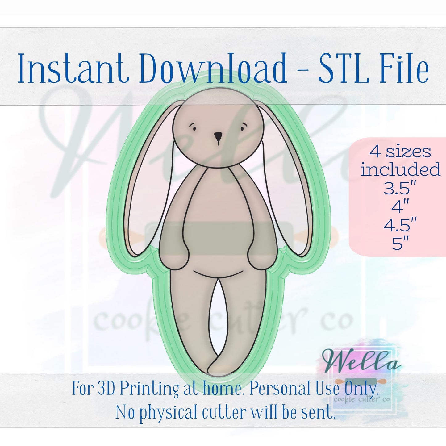 Digital STL File - Bunny Ragdoll #1 Cookie Cutter - 4 Sizes Included 3.5", 4", 4.5" & 5"
