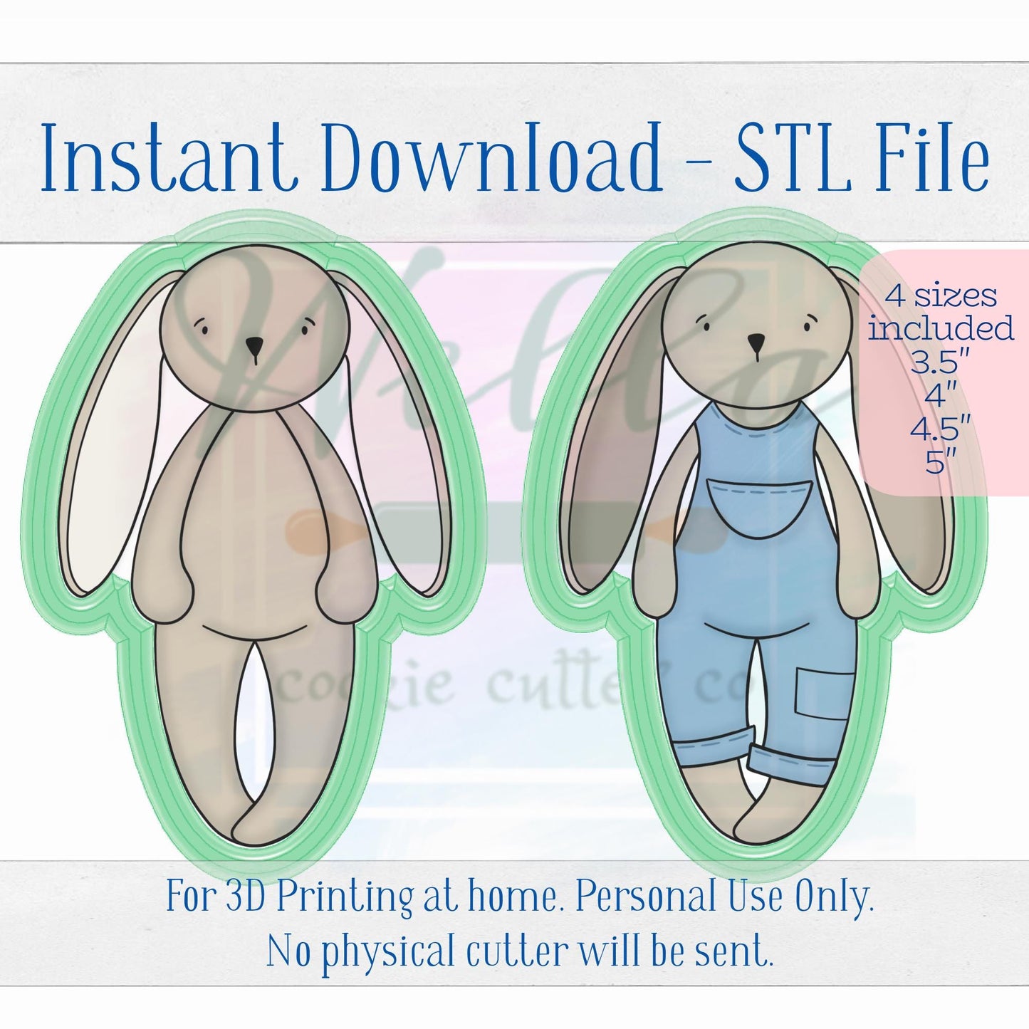 Digital STL File - Bunny Ragdoll #1 Cookie Cutter - 4 Sizes Included 3.5", 4", 4.5" & 5"