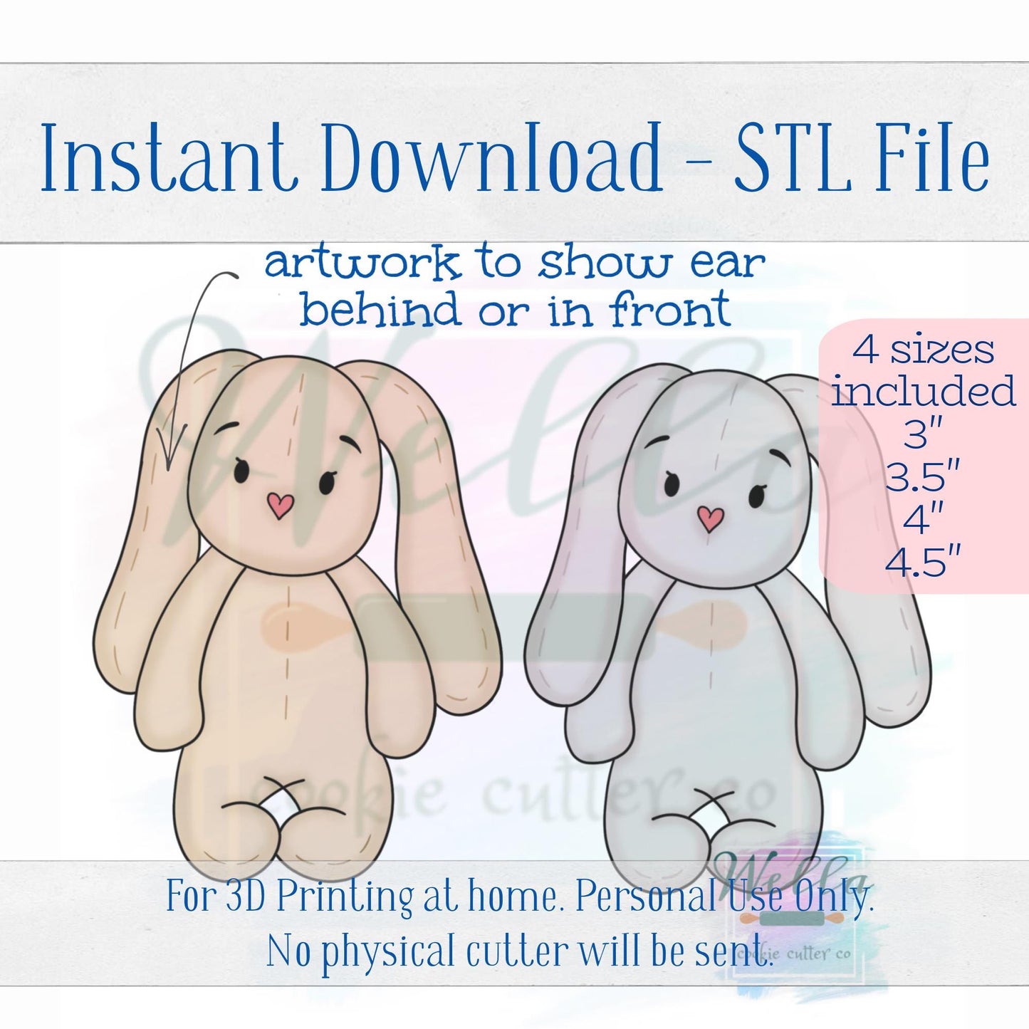 Digital STL File - Bunny Ragdoll #2 Cookie Cutter - 4 Sizes Included 3", 3.5", 4", 4.5"