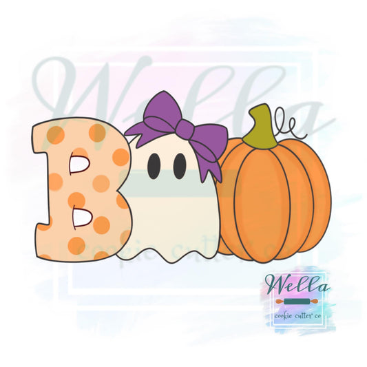 BOO #2 with Bow - Pumpkin Ghost Halloween Cookie Cutter with Optional Stencil Guide