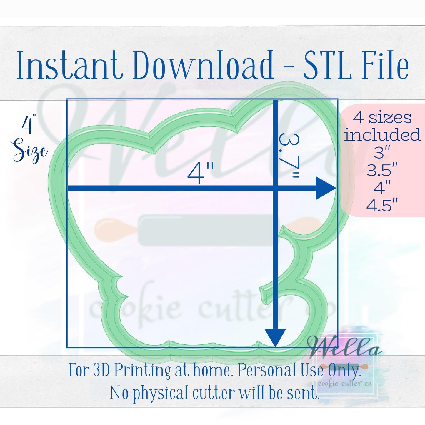 Digital STL File - Elephant Cookie Cutter - 4 Sizes Included 3", 3.5", 4" & 4.5"