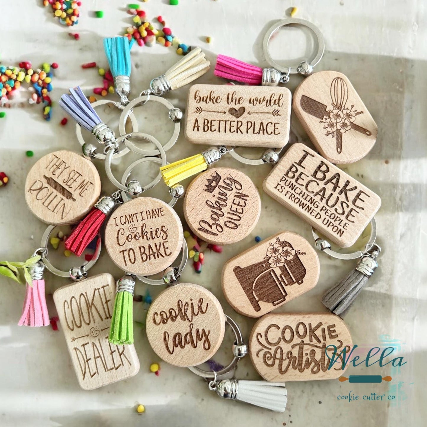 Laser Engraved Wood Cookie Themed Keychain with Tassel, Baking Themed Gift, Cookie Decorating Keychain
