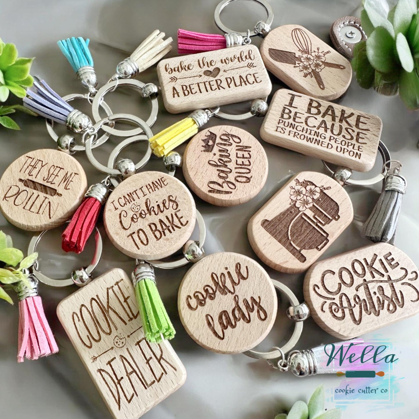 Laser Engraved Wood Cookie Themed Keychain with Tassel, Baking Themed Gift, Cookie Decorating Keychain