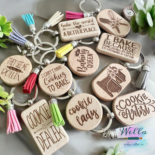 Laser Engraved Wood Cookie Themed Keychain with Tassel, Baking Themed Gift, Cookie Decorating Keychain