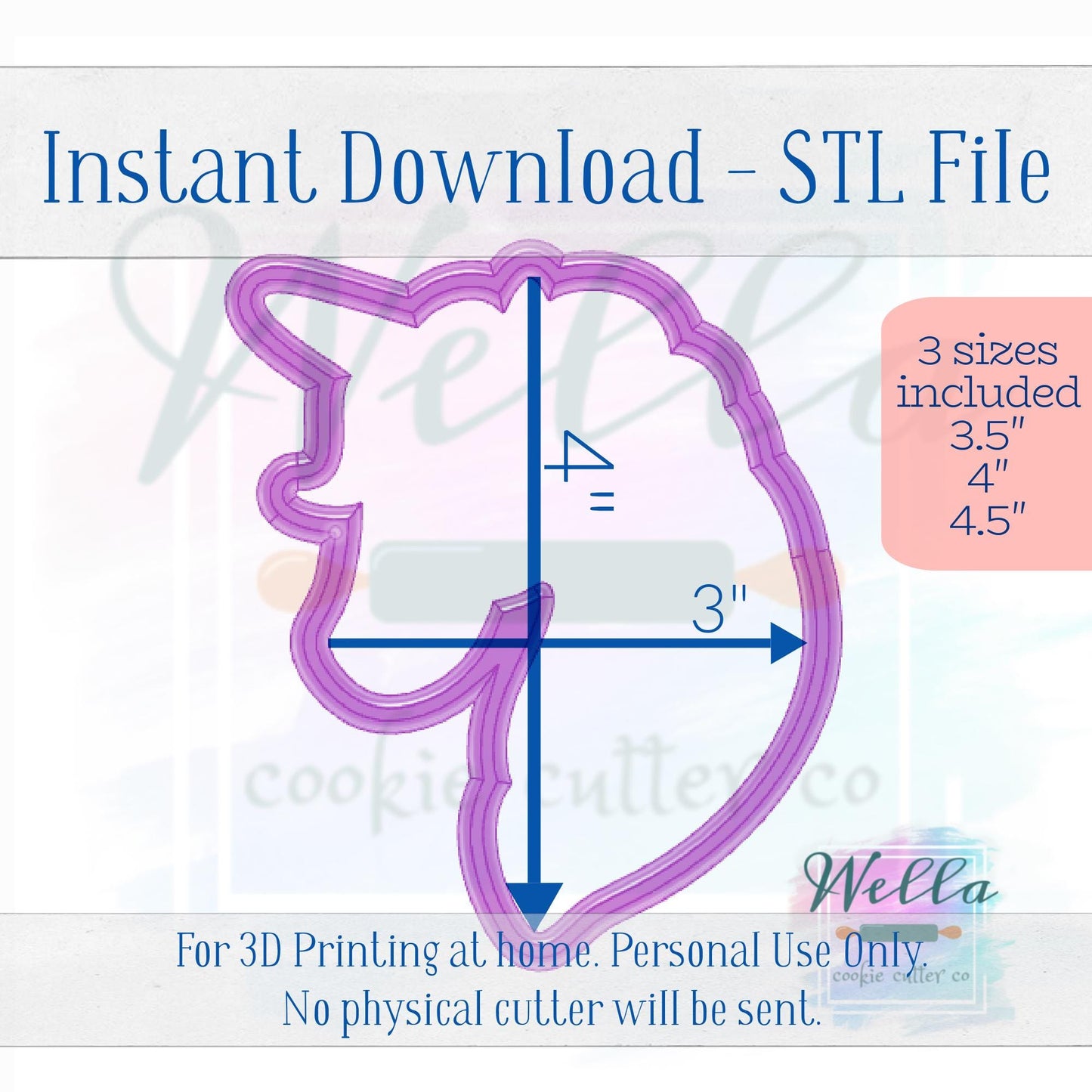 Digital STL File - Unicorn Head Cookie Cutter - 3 Sizes Included 3.5", 4" & 4.5"
