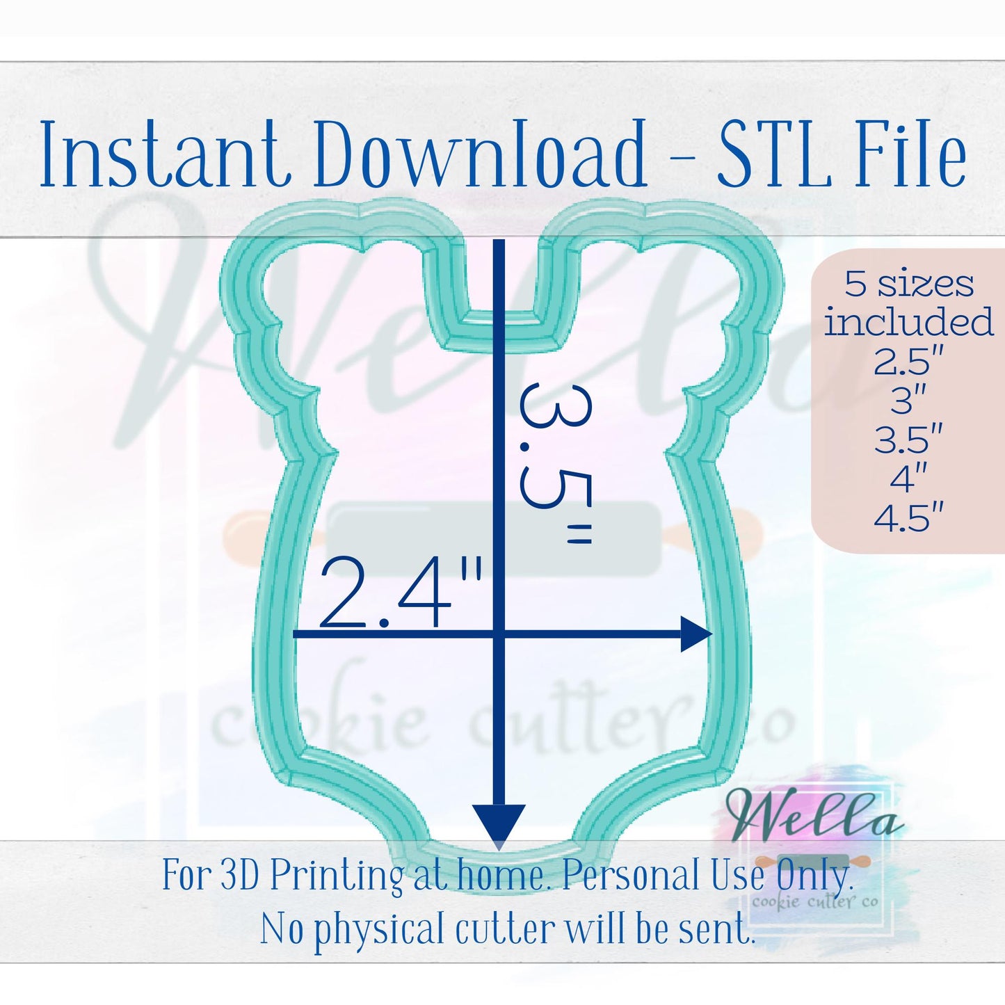 Digital STL File - Romper with Ruffled Sleeves Cookie Cutter - 5 Sizes: 2.5", 3", 3.5", 4" & 4.5"