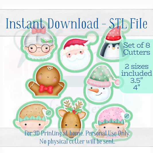 Digital STL File - Christmas and Friends Faces Cookie Cutter Set - Set of 8 Cutter STL files, 3.5" & 4" sizes included