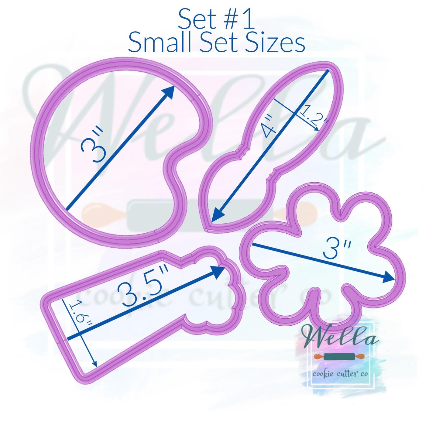 Paint Art Set Cookie Cutters - Set of 4 Cutters, Paint Palette Cookie Cutter, Paintbrush Cookie Cutter