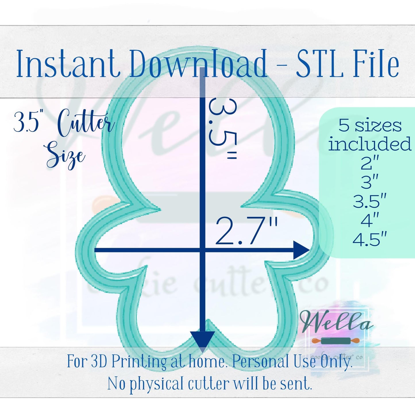 Digital STL File - Cute Gingerbread Cookie Cutter - 5 Sizes Included 2" Mini, 3", 3.5", 4" & 4.5"