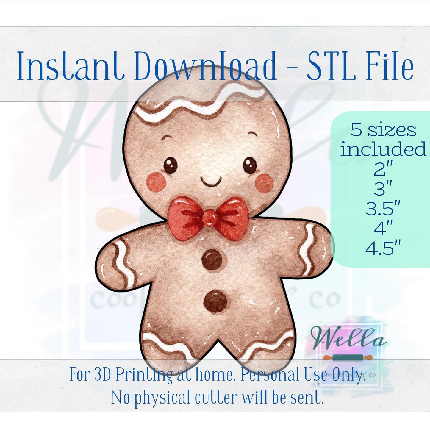 Digital STL File - Cute Gingerbread Cookie Cutter - 5 Sizes Included 2" Mini, 3", 3.5", 4" & 4.5"