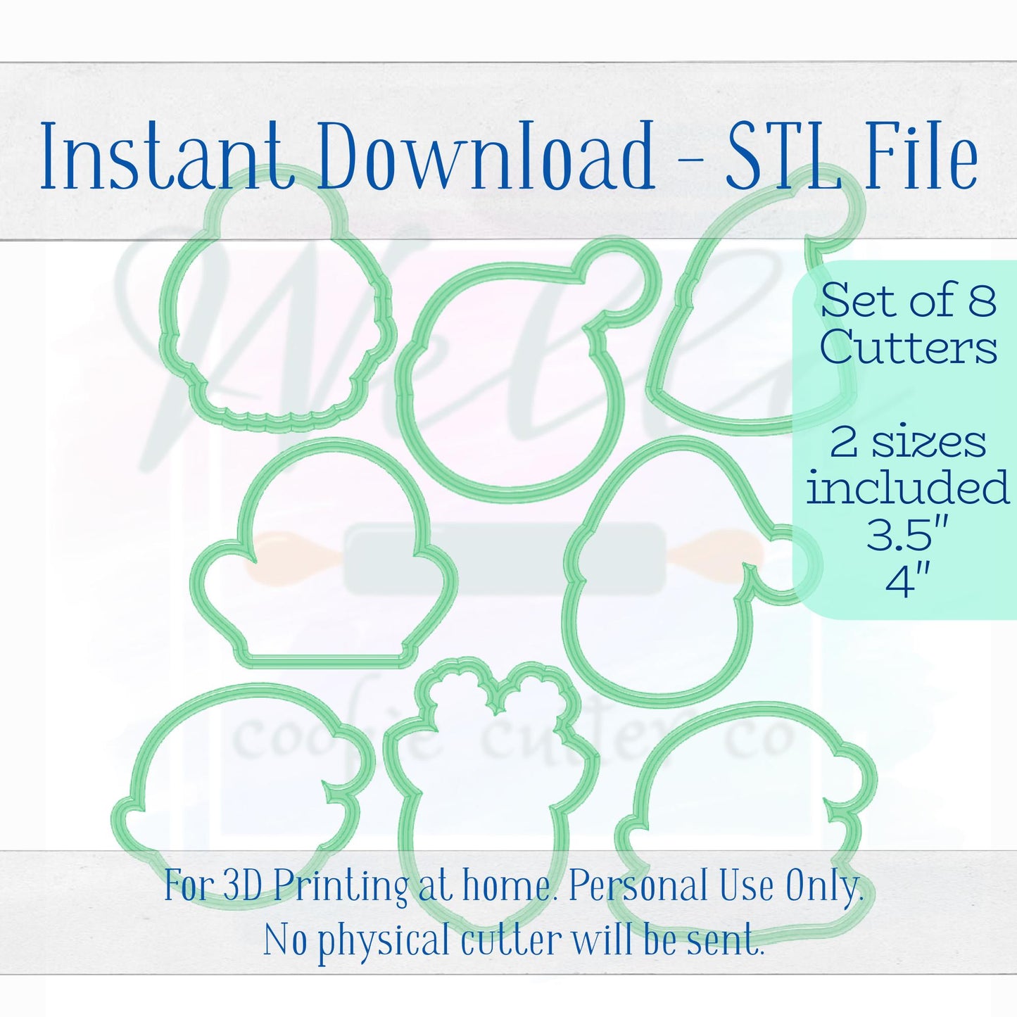 Digital STL File - Christmas and Friends Faces Cookie Cutter Set - Set of 8 Cutter STL files, 3.5" & 4" sizes included