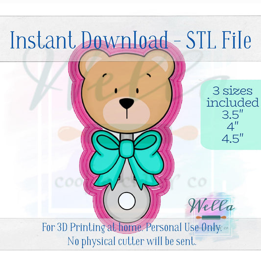 Digital STL File - Bear Rattle Cookie Cutter - 3 Sizes: 3.5", 4" & 4.5"