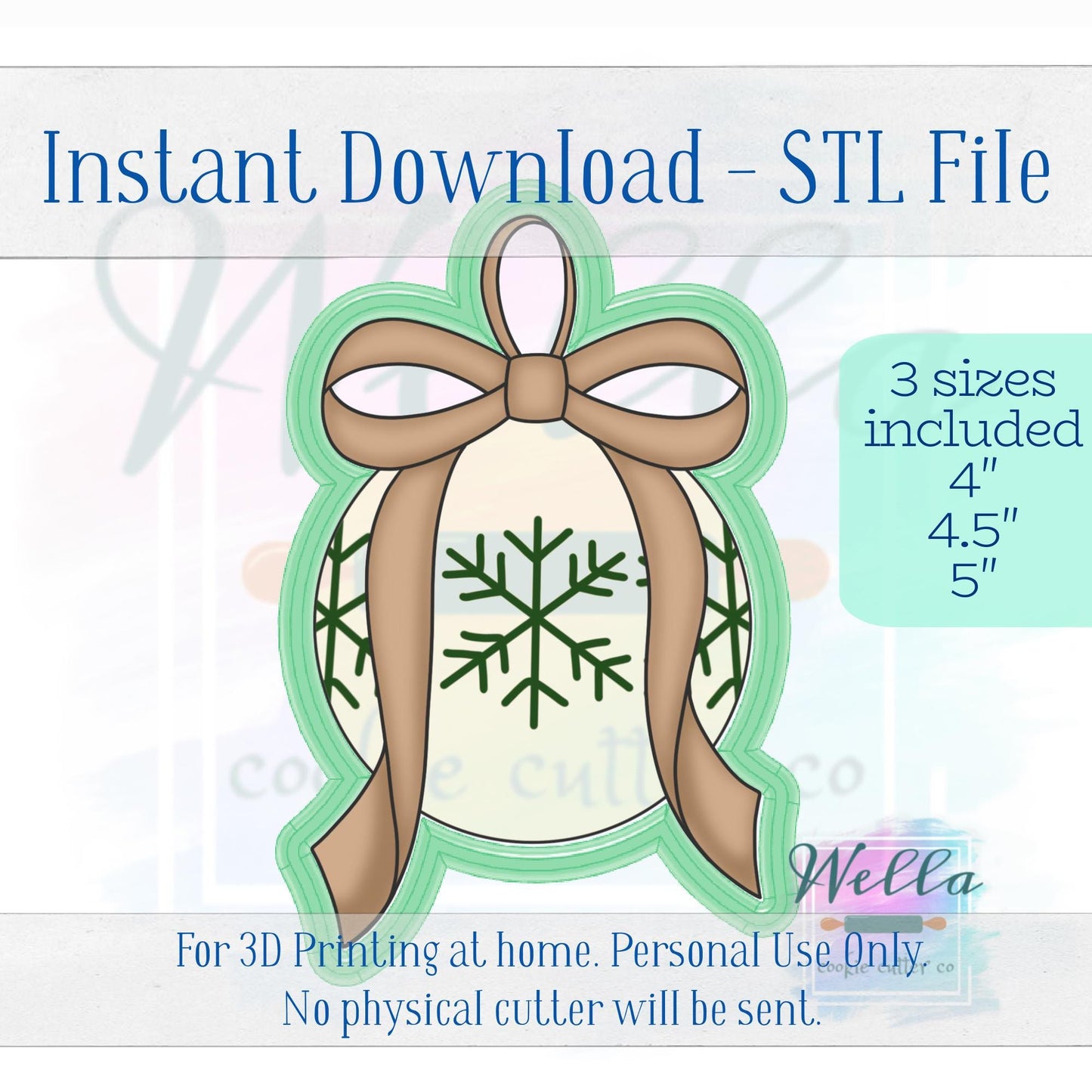 Digital STL File - Ornament with Long Bow Cookie Cutter - 3 Sizes: 4", 4.5" & 5"