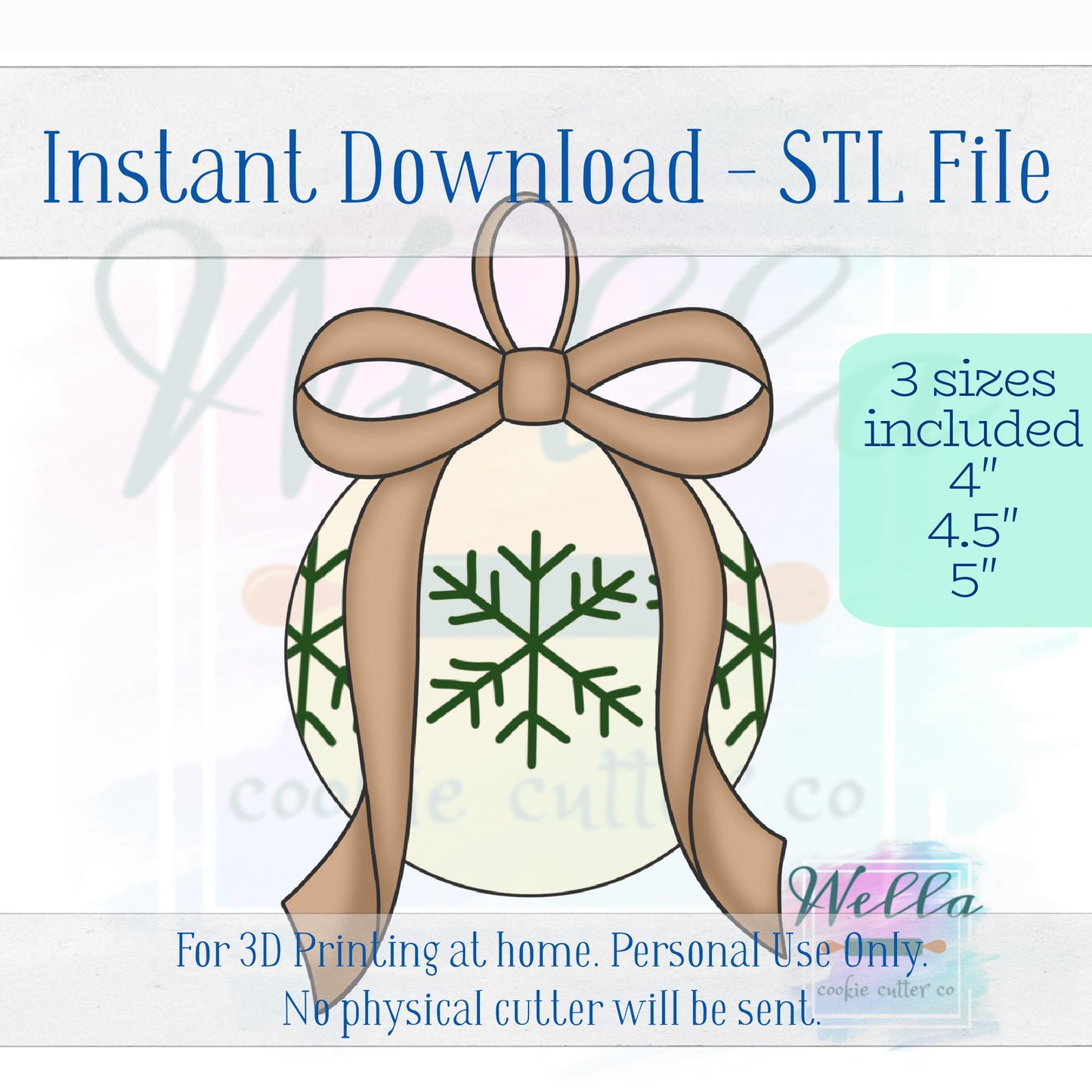 Digital STL File - Ornament with Long Bow Cookie Cutter - 3 Sizes: 4", 4.5" & 5"
