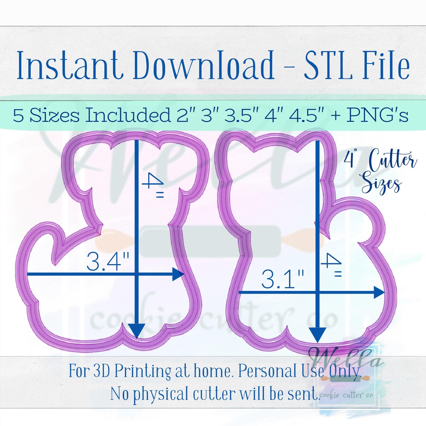 Digital STL Files - Gingerbread Pet Set - Dog & Cat Cookie Cutters - 5 Sizes Included plus High-Resolution PNGs