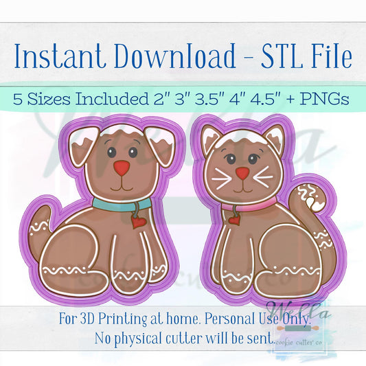 Digital STL Files - Gingerbread Pet Set - Dog & Cat Cookie Cutters - 5 Sizes Included plus High-Resolution PNGs