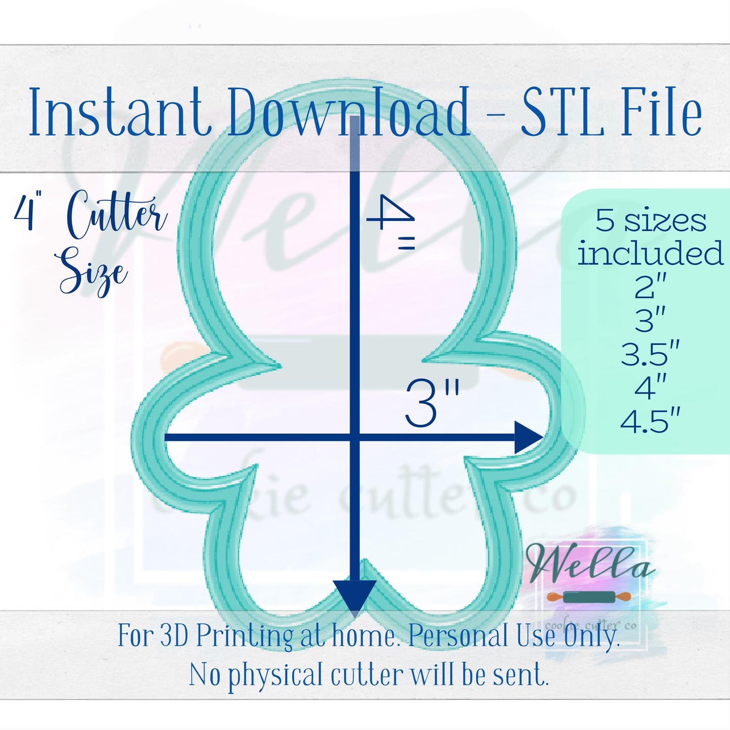Digital STL File - Cute Gingerbread Cookie Cutter - 5 Sizes Included 2" Mini, 3", 3.5", 4" & 4.5"