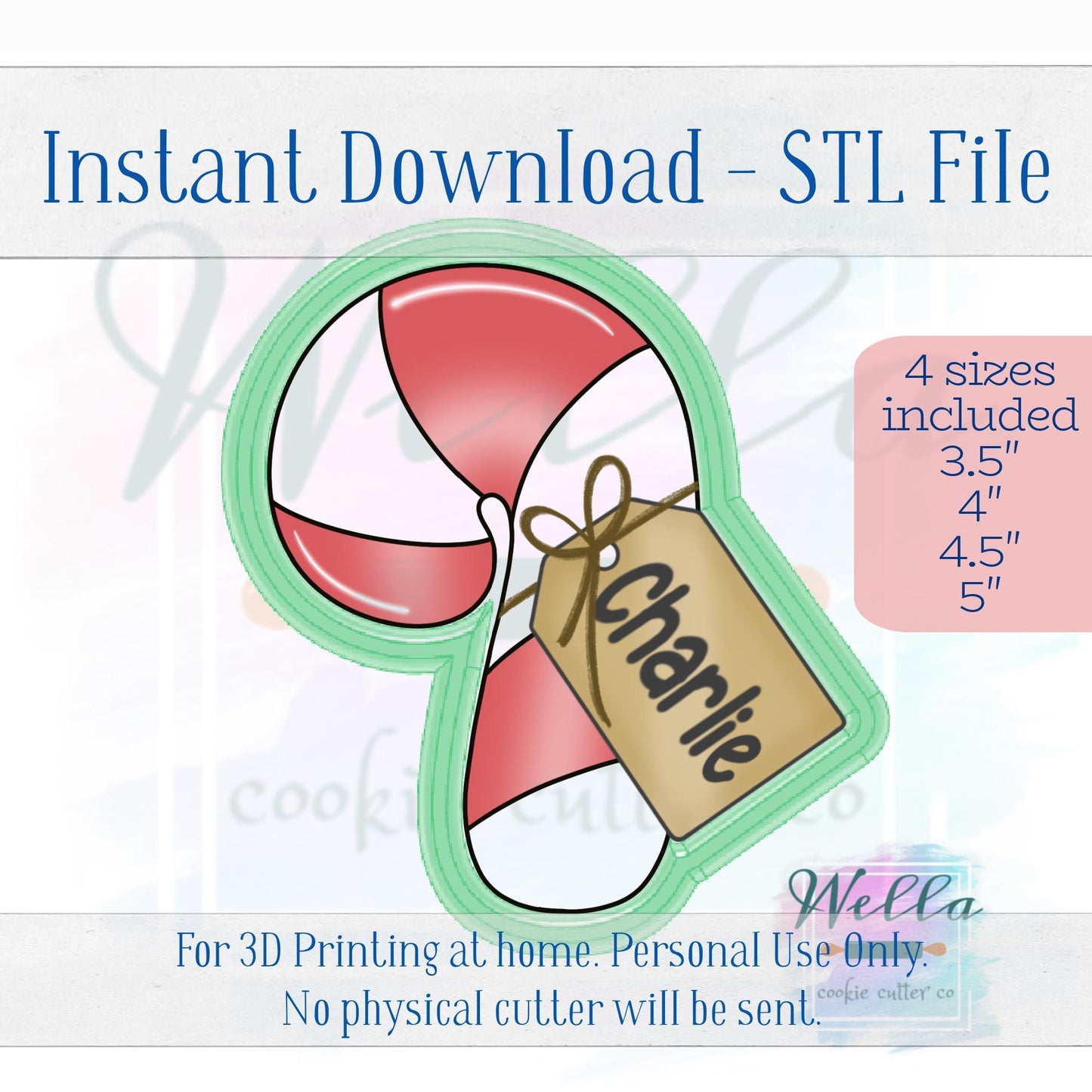 Digital STL Files - Chubby Candy Cane with Tag Cookie Cutter - 4 Sizes Included plus High-Resolution PNG with Blank Name Tag