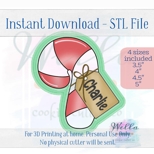 Digital STL Files - Chubby Candy Cane with Tag Cookie Cutter - 4 Sizes Included plus High-Resolution PNG with Blank Name Tag
