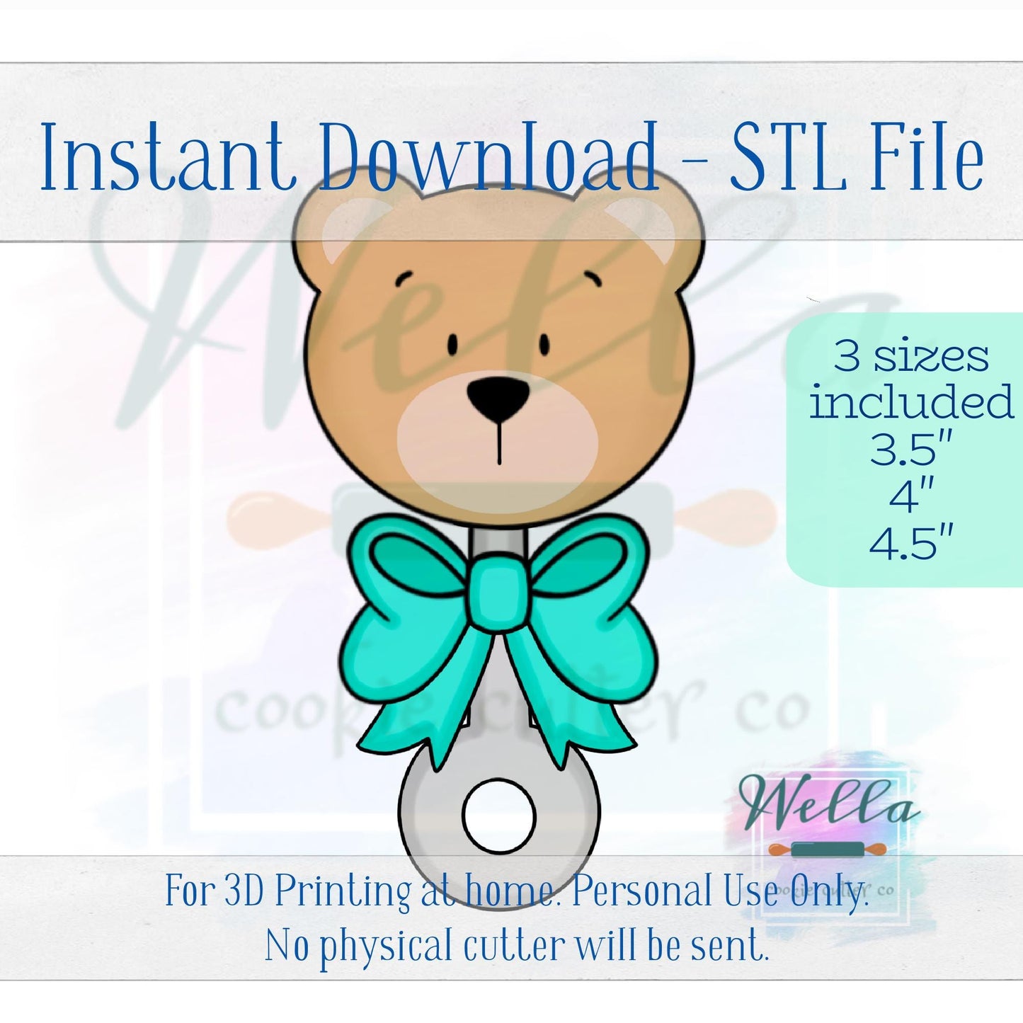 Digital STL File - Bear Rattle Cookie Cutter - 3 Sizes: 3.5", 4" & 4.5"