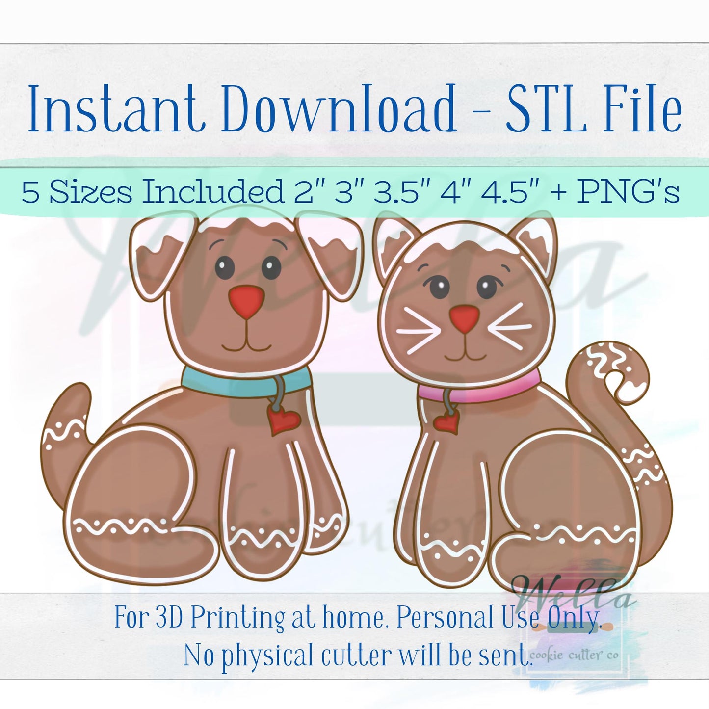 Digital STL Files - Gingerbread Pet Set - Dog & Cat Cookie Cutters - 5 Sizes Included plus High-Resolution PNGs